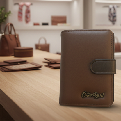 Cotton Road Wallet: BROWN Medium PU Leather Wallet with DARK BROWN clip cover