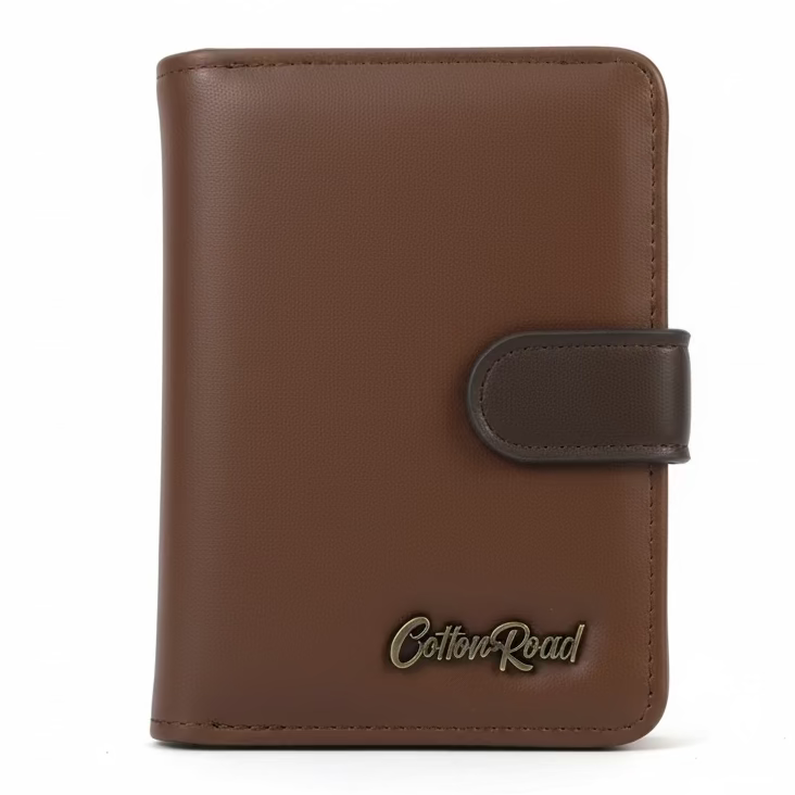 Cotton Road Wallet: BROWN Medium PU Leather Wallet with DARK BROWN clip cover front