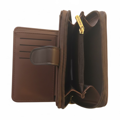 Cotton Road Wallet: BROWN Medium PU Leather Wallet with DARK BROWN clip cover open