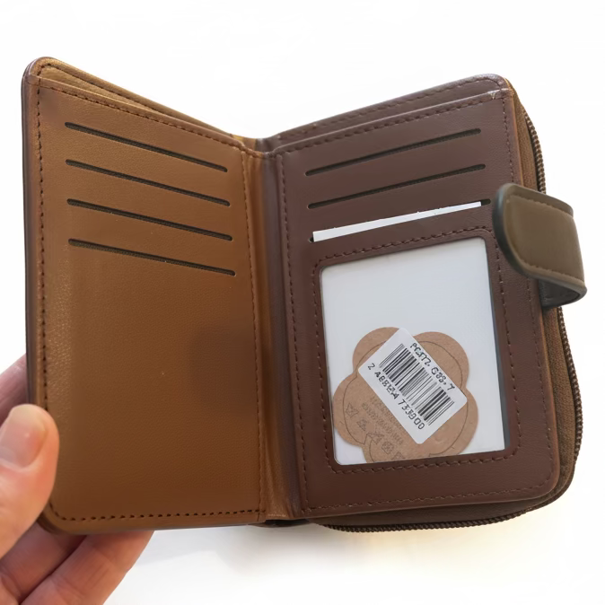 Cotton Road Wallet: BROWN Medium PU Leather Wallet with DARK BROWN clip cover open