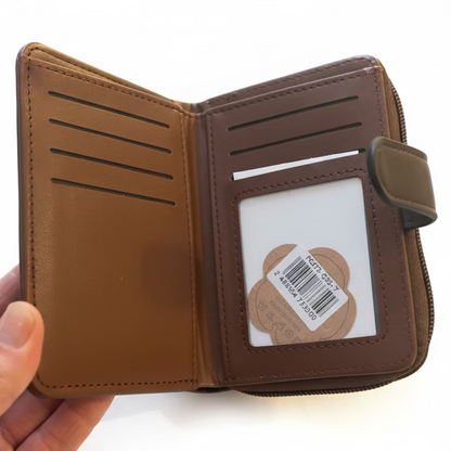 Cotton Road Wallet: BROWN Medium PU Leather Wallet with DARK BROWN clip cover open
