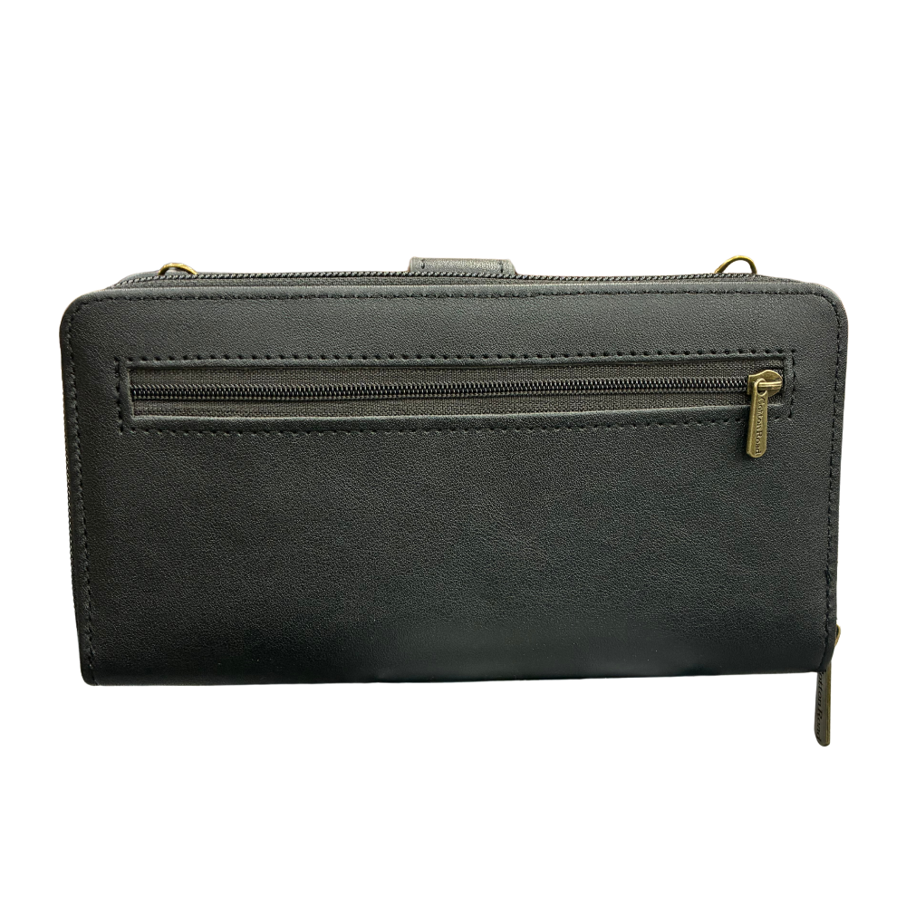 Cotton Road Wallet: Large BLACK PU Leather Cellphone Sling with FLORAL Pocket BACK