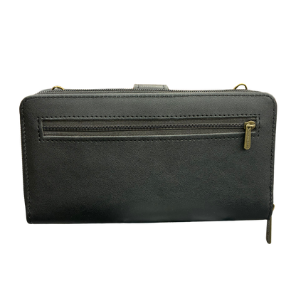 Cotton Road Wallet: Large BLACK PU Leather Cellphone Sling with FLORAL Pocket BACK