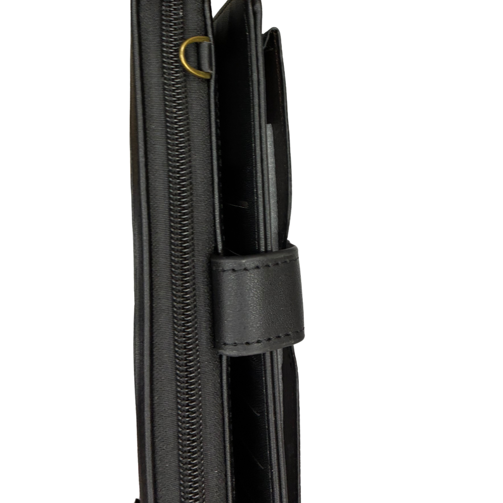 Cotton Road Wallet: Large BLACK PU Leather Cellphone Sling with FLORAL Pocket CLOSED VIEW