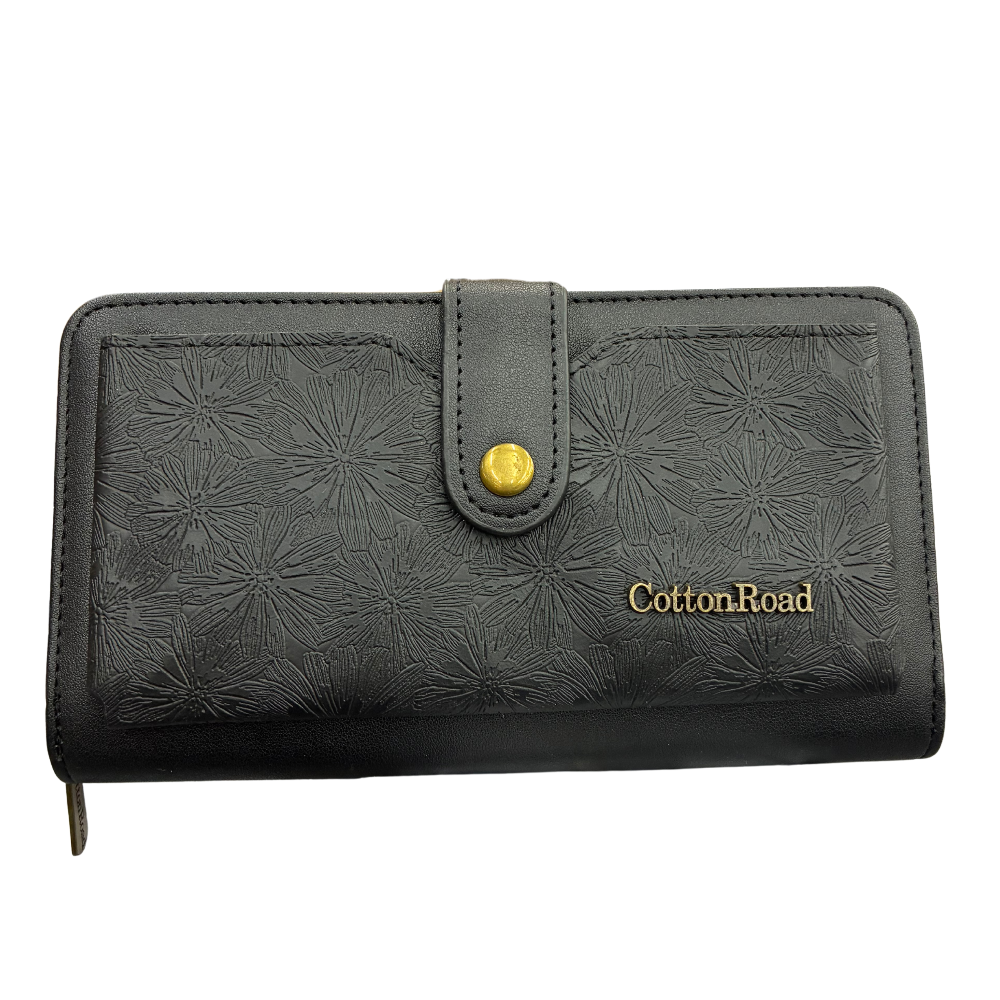 Cotton Road Wallet: Large BLACK PU Leather Cellphone Sling with FLORAL Pocket FRONT VIEW