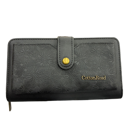 Cotton Road Wallet: Large BLACK PU Leather Cellphone Sling with FLORAL Pocket FRONT VIEW