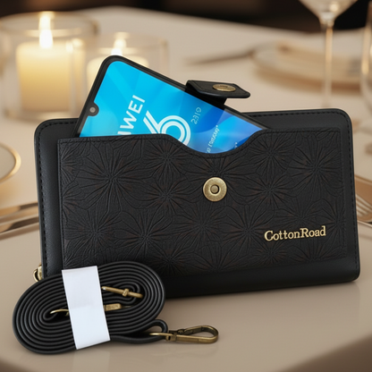 Cotton Road Wallet: Large BLACK PU Leather Cellphone Sling with FLORAL Pocket HERO