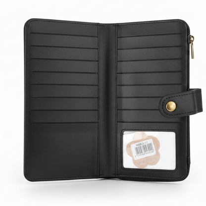Cotton Road Wallet: Large BLACK PU Leather Cellphone Sling with FLORAL Pocket OPEN
