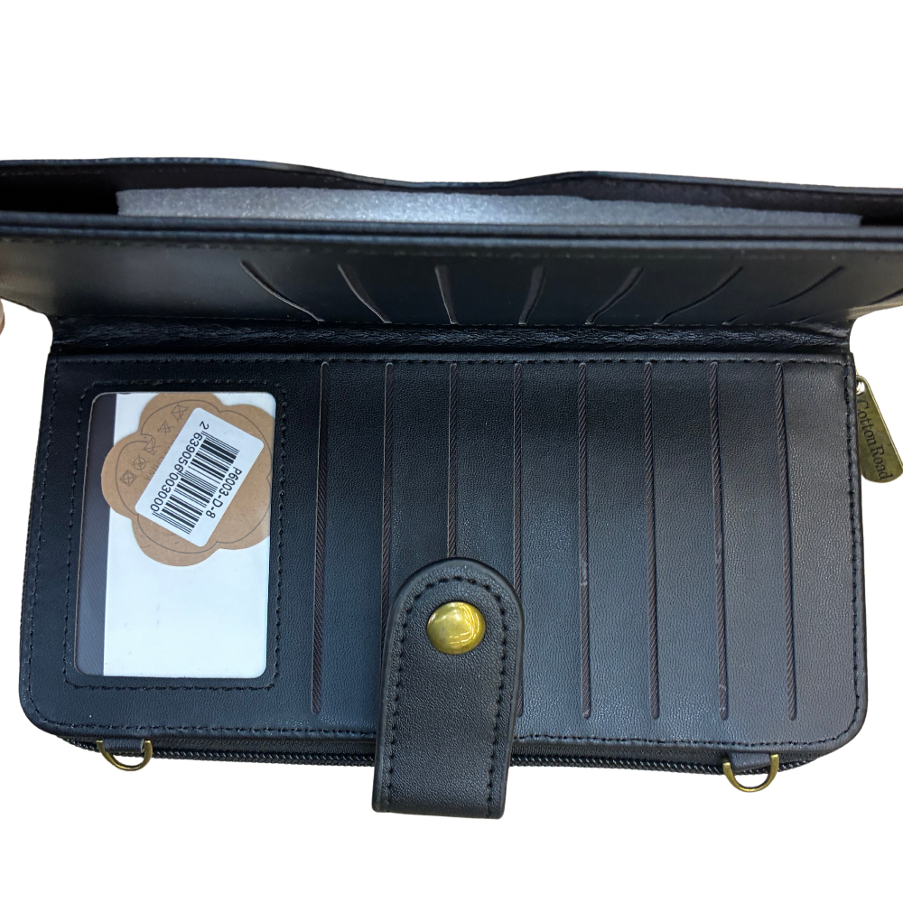 Cotton Road Wallet: Large BLACK PU Leather Cellphone Sling with FLORAL Pocket OPEN VIEW