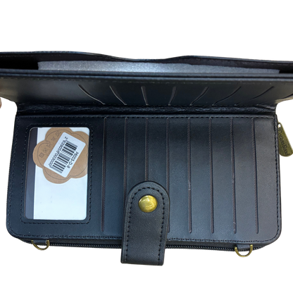 Cotton Road Wallet: Large BLACK PU Leather Cellphone Sling with FLORAL Pocket OPEN VIEW