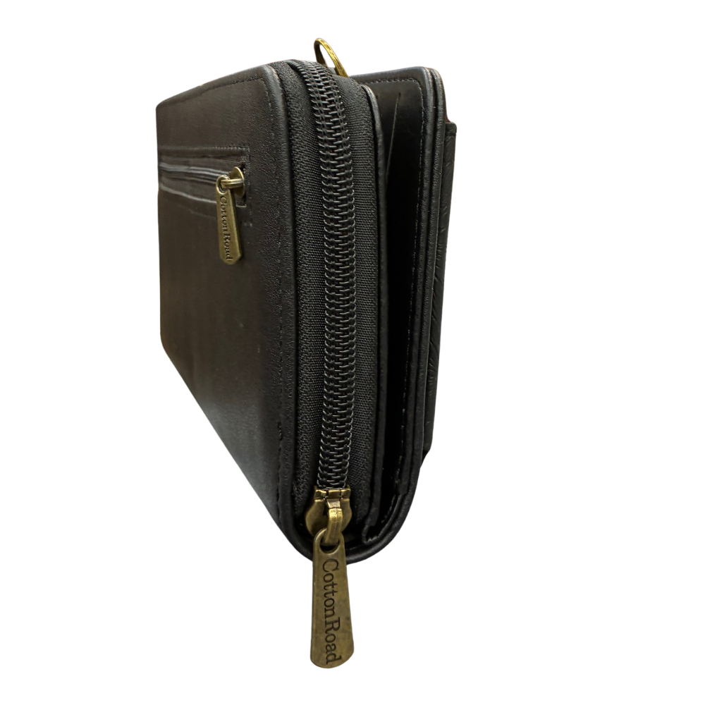 Cotton Road Wallet: Large BLACK PU Leather Cellphone Sling with FLORAL Pocket SIDE VIEW