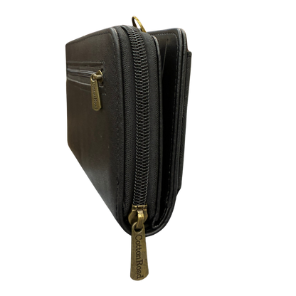 Cotton Road Wallet: Large BLACK PU Leather Cellphone Sling with FLORAL Pocket SIDE VIEW