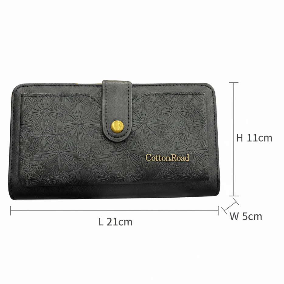 Cotton Road Wallet: Large BLACK PU Leather Cellphone Sling with FLORAL Pocket SIZE