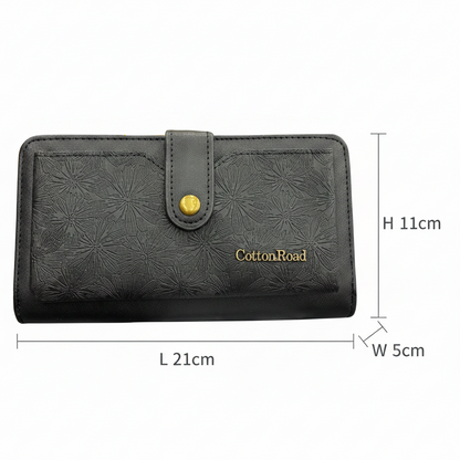 Cotton Road Wallet: Large BLACK PU Leather Cellphone Sling with FLORAL Pocket SIZE