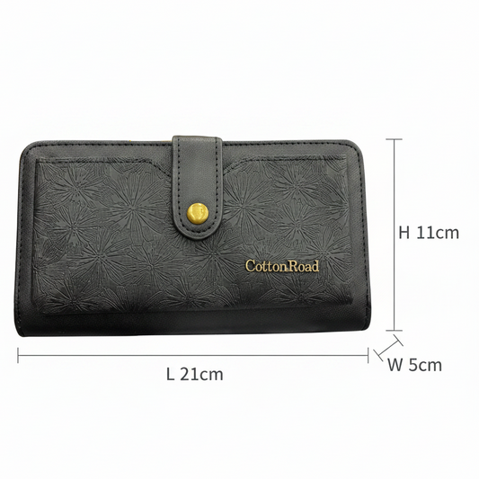 Cotton Road Wallet: Large BLACK PU Leather Cellphone Sling with FLORAL Pocket SIZE