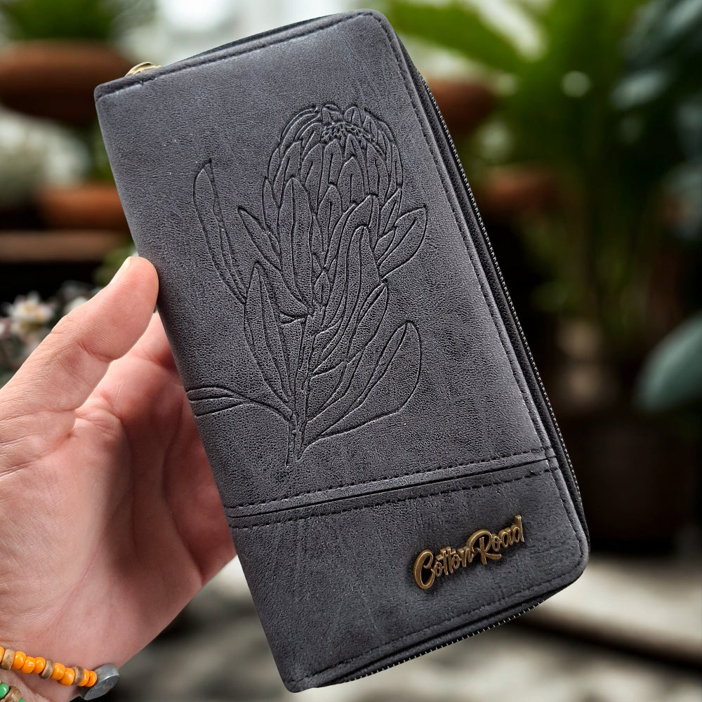 Cotton Road Wallet: Large BLACK PU Leather with Embossed Protea