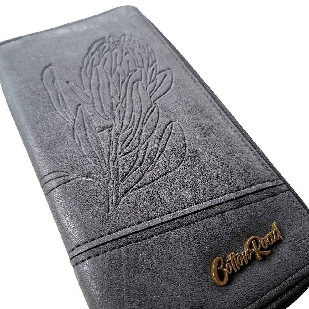 Cotton Road Wallet: Large BLACK PU Leather with Embossed Protea DETAIL