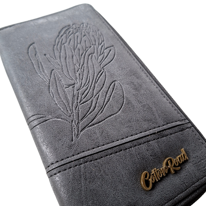 Cotton Road Wallet: Large BLACK PU Leather with Embossed Protea DETAIL