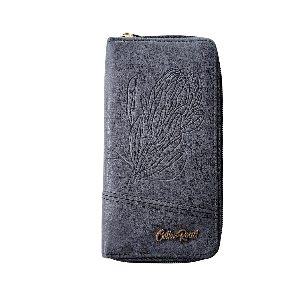 Cotton Road Wallet: Large BLACK PU Leather with Embossed Protea FRONT