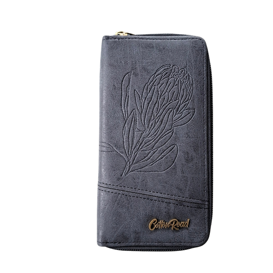 Cotton Road Wallet: Large BLACK PU Leather with Embossed Protea FRONT