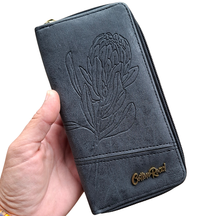 Cotton Road Wallet: Large BLACK PU Leather with Embossed Protea VIEW