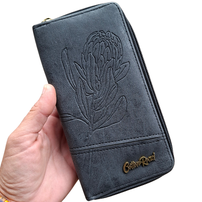 Cotton Road Wallet: Large BLACK PU Leather with Embossed Protea VIEW