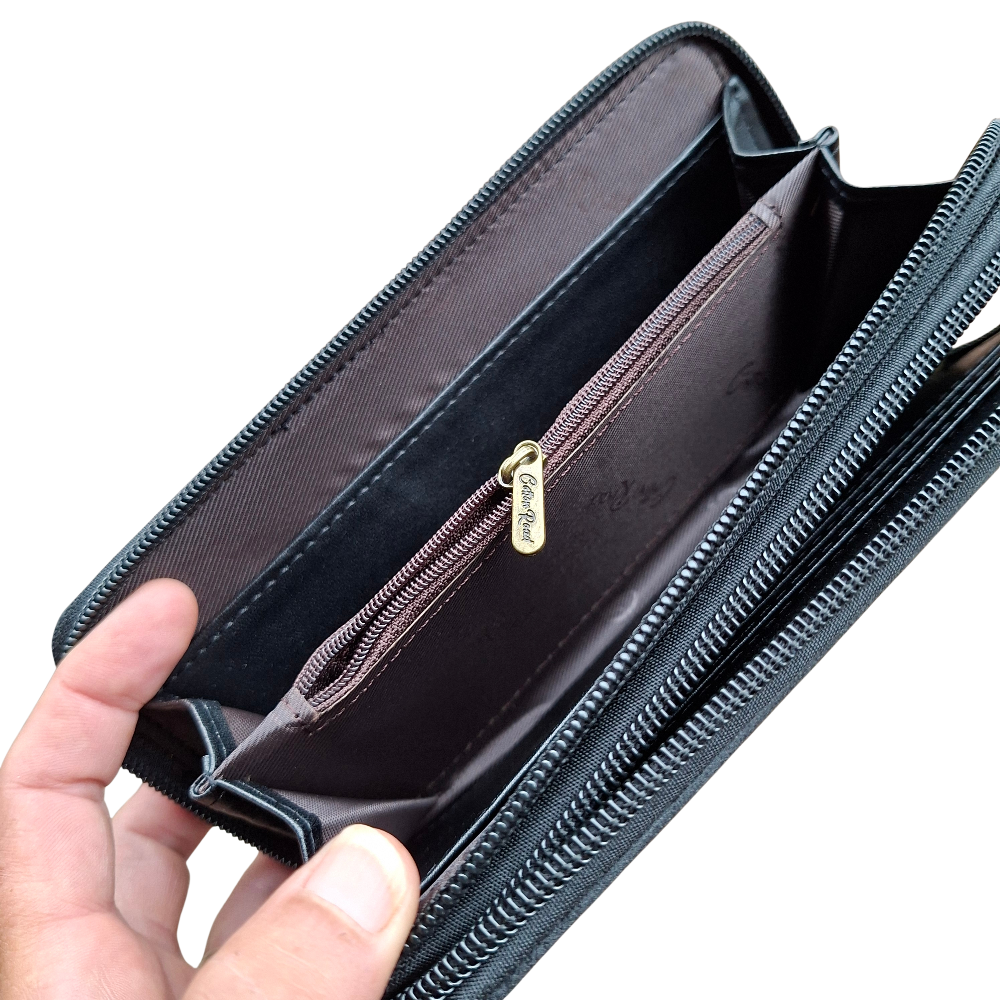 Cotton Road Wallet: Large BLACK PU Leather with Embossed Protea ZOOM OPEN MAIN COMPARTMENT VIEW