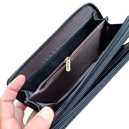 Cotton Road Wallet: Large BLACK PU Leather with Embossed Protea ZOOM OPEN MAIN COMPARTMENT VIEW