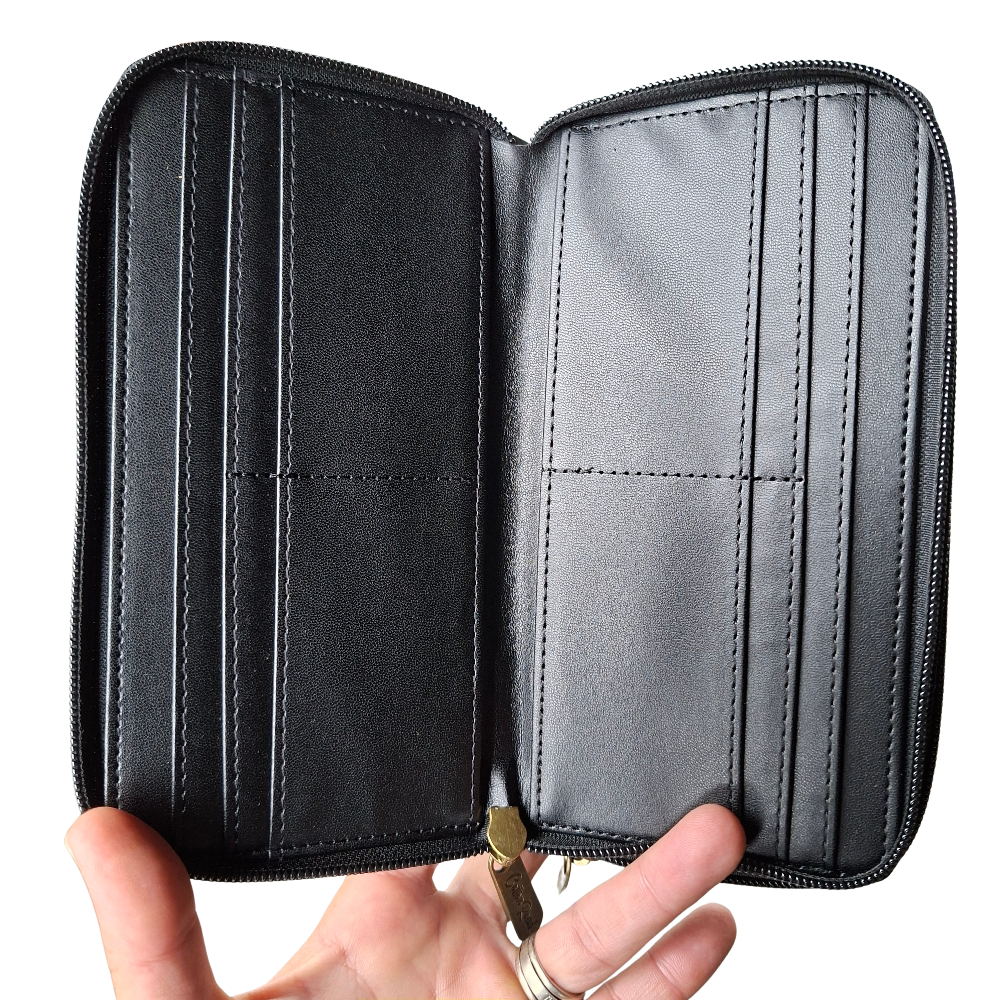 Cotton Road Wallet: Large BLACK PU Leather with Embossed Protea ZOOM OPEN VIEW