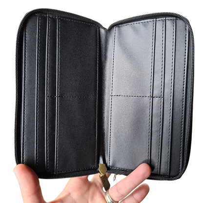 Cotton Road Wallet: Large BLACK PU Leather with Embossed Protea ZOOM OPEN VIEW