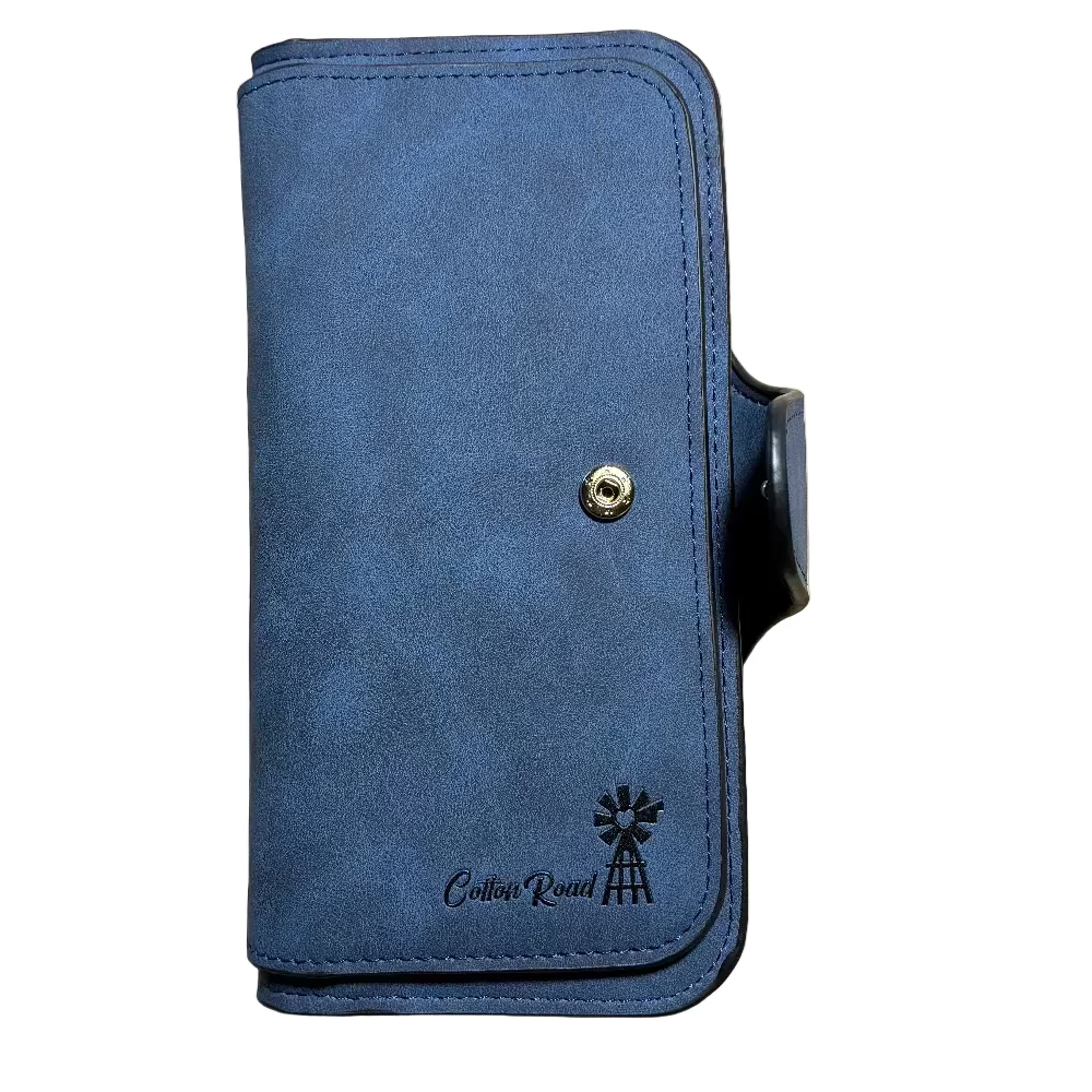 Cotton Road Wallet: Large BLUE 4-FOLD PU Leather Wallet with WINDMILL front