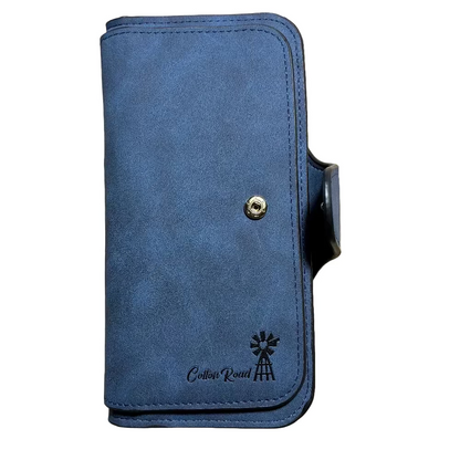 Cotton Road Wallet: Large BLUE 4-FOLD PU Leather Wallet with WINDMILL front