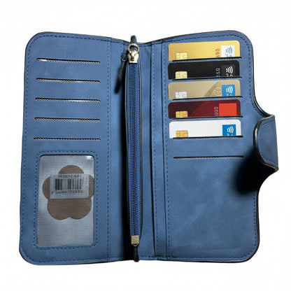 Cotton Road Wallet: Large BLUE 4-FOLD PU Leather Wallet with WINDMILL unfolded cards view