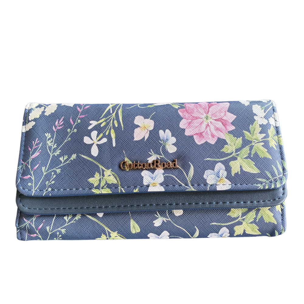 Cotton Road Wallet: Large BLUE PU Leather Organiser with FLORAL Design