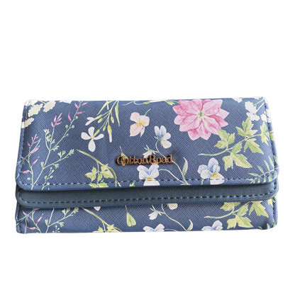 Cotton Road Wallet: Large BLUE PU Leather Organiser with FLORAL Design