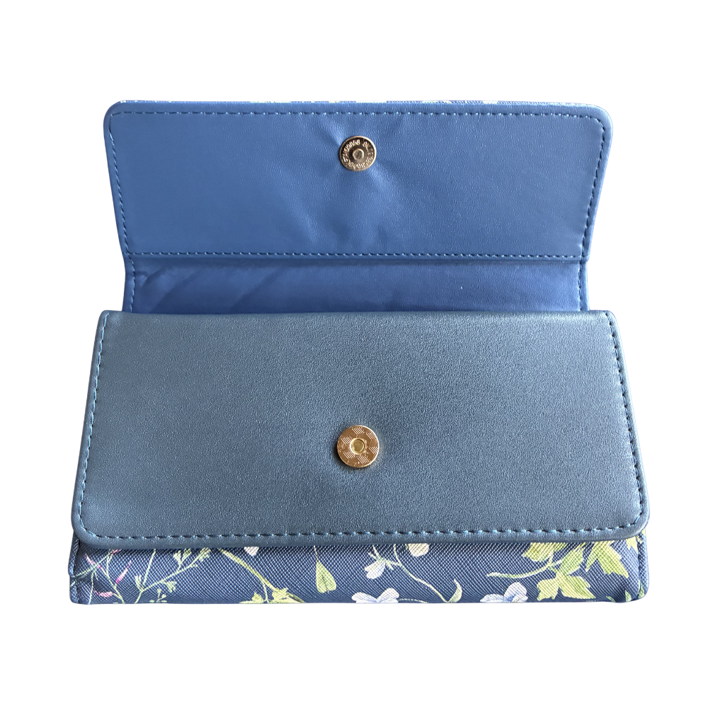 Cotton Road Wallet: Large BLUE PU Leather Organiser with FLORAL Design first fold open