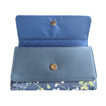 Cotton Road Wallet: Large BLUE PU Leather Organiser with FLORAL Design first fold open
