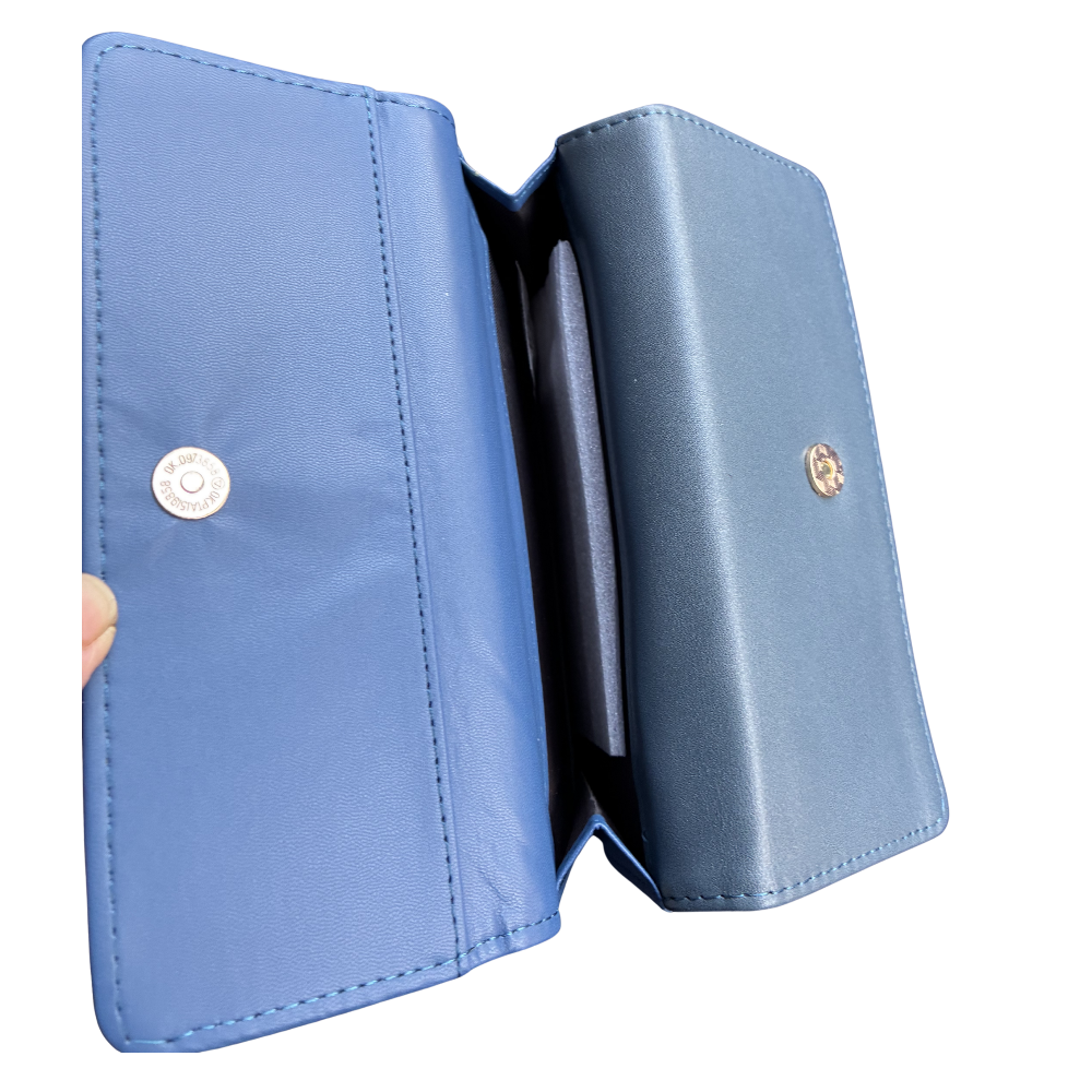 Cotton Road Wallet: Large BLUE PU Leather Organiser with FLORAL Design first fold open pocket view