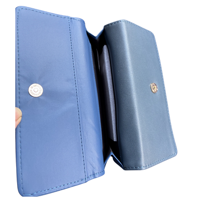Cotton Road Wallet: Large BLUE PU Leather Organiser with FLORAL Design first fold open pocket view