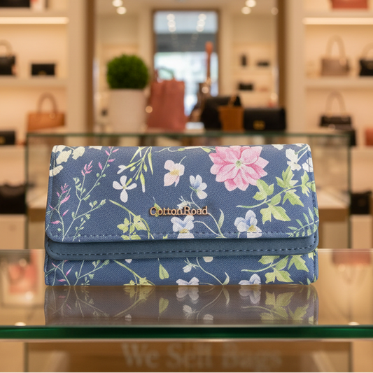 Cotton Road Wallet: Large BLUE PU Leather Organiser with FLORAL Design lifestye