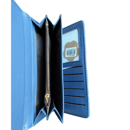 Cotton Road Wallet: Large BLUE PU Leather Organiser with FLORAL Design open coin pocket view