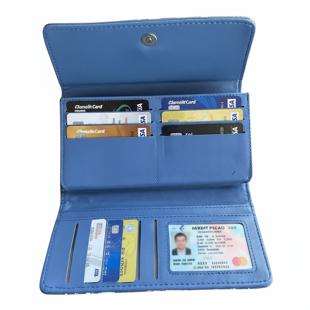 Cotton Road Wallet: Large BLUE PU Leather Organiser with FLORAL Design open filled