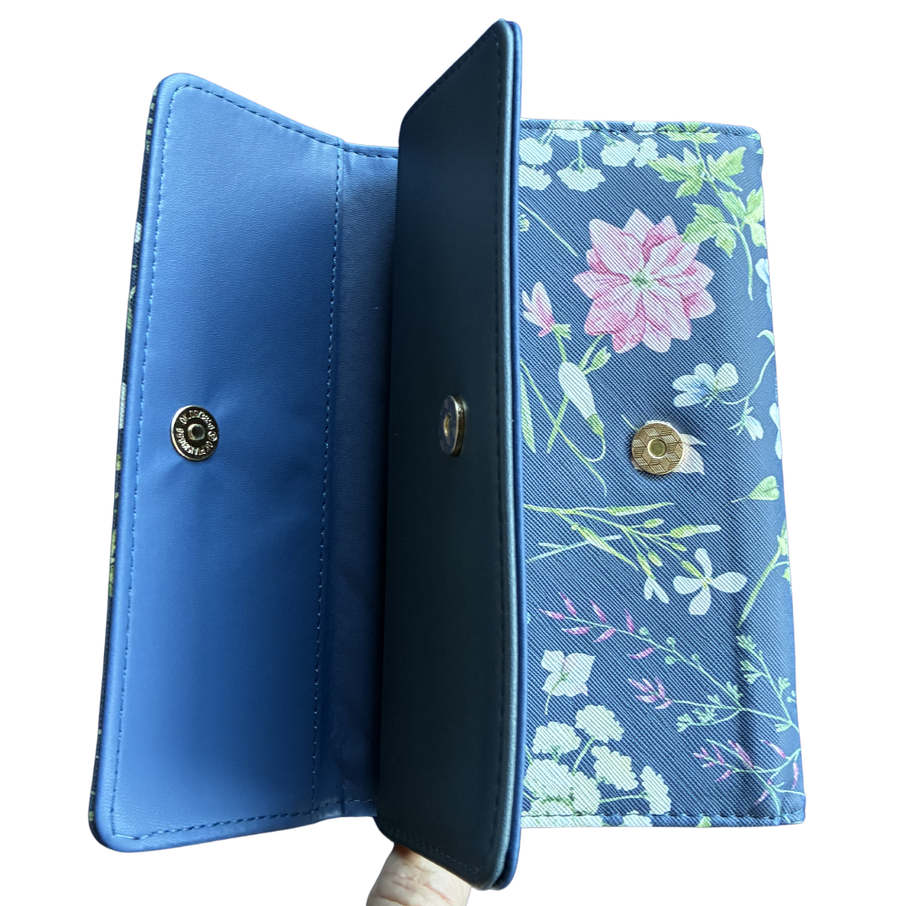 Cotton Road Wallet: Large BLUE PU Leather Organiser with FLORAL Design second fold open