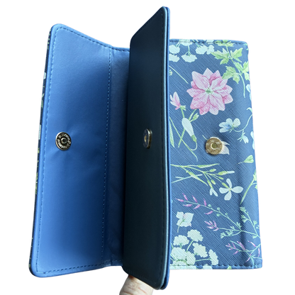 Cotton Road Wallet: Large BLUE PU Leather Organiser with FLORAL Design second fold open