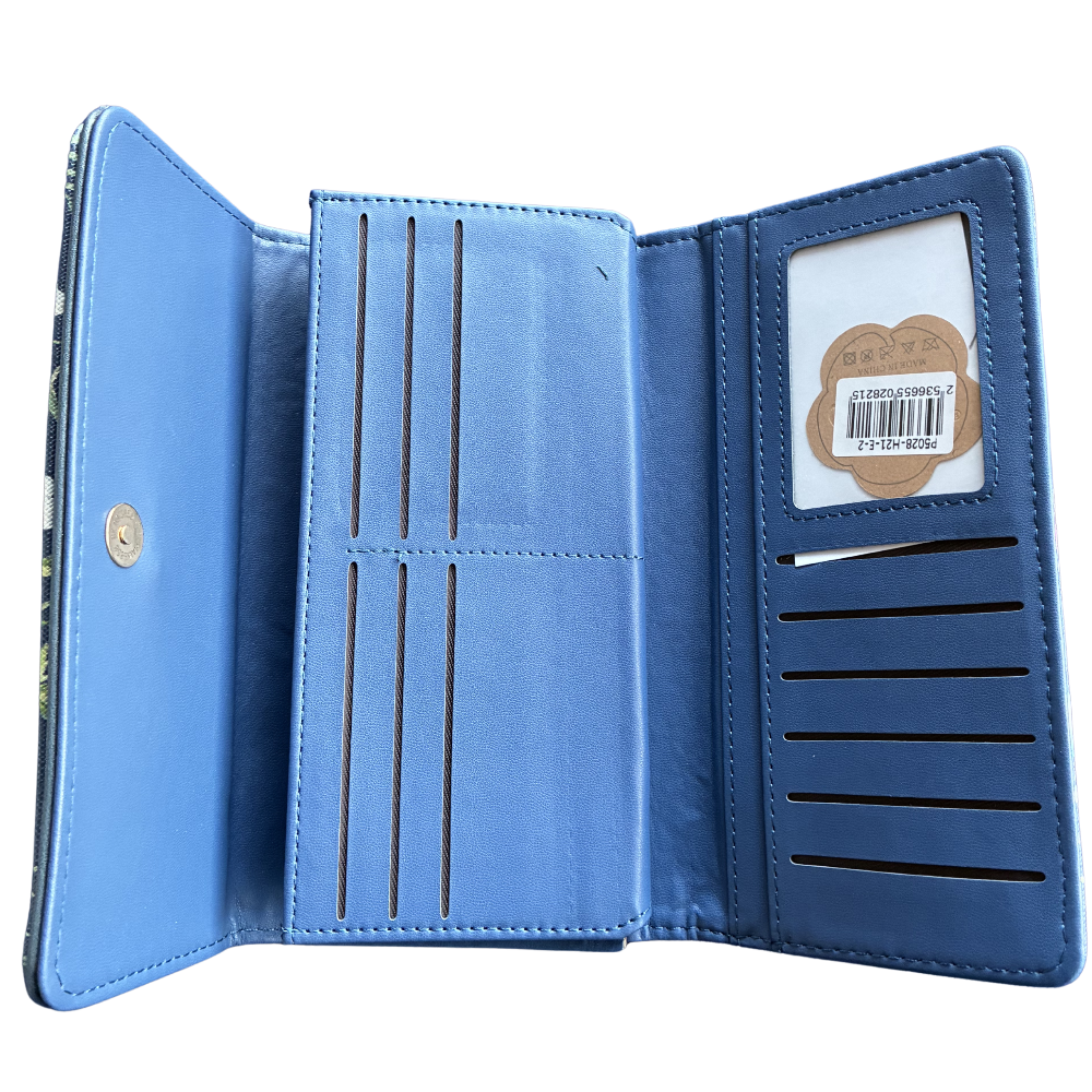 Cotton Road Wallet: Large BLUE PU Leather Organiser with FLORAL Design tri fold open