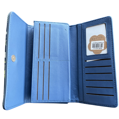 Cotton Road Wallet: Large BLUE PU Leather Organiser with FLORAL Design tri fold open