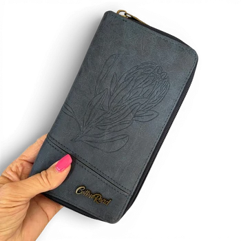 Cotton Road Wallet: Large BLUE PU Leather with PROTEA Design FRONT VIEW