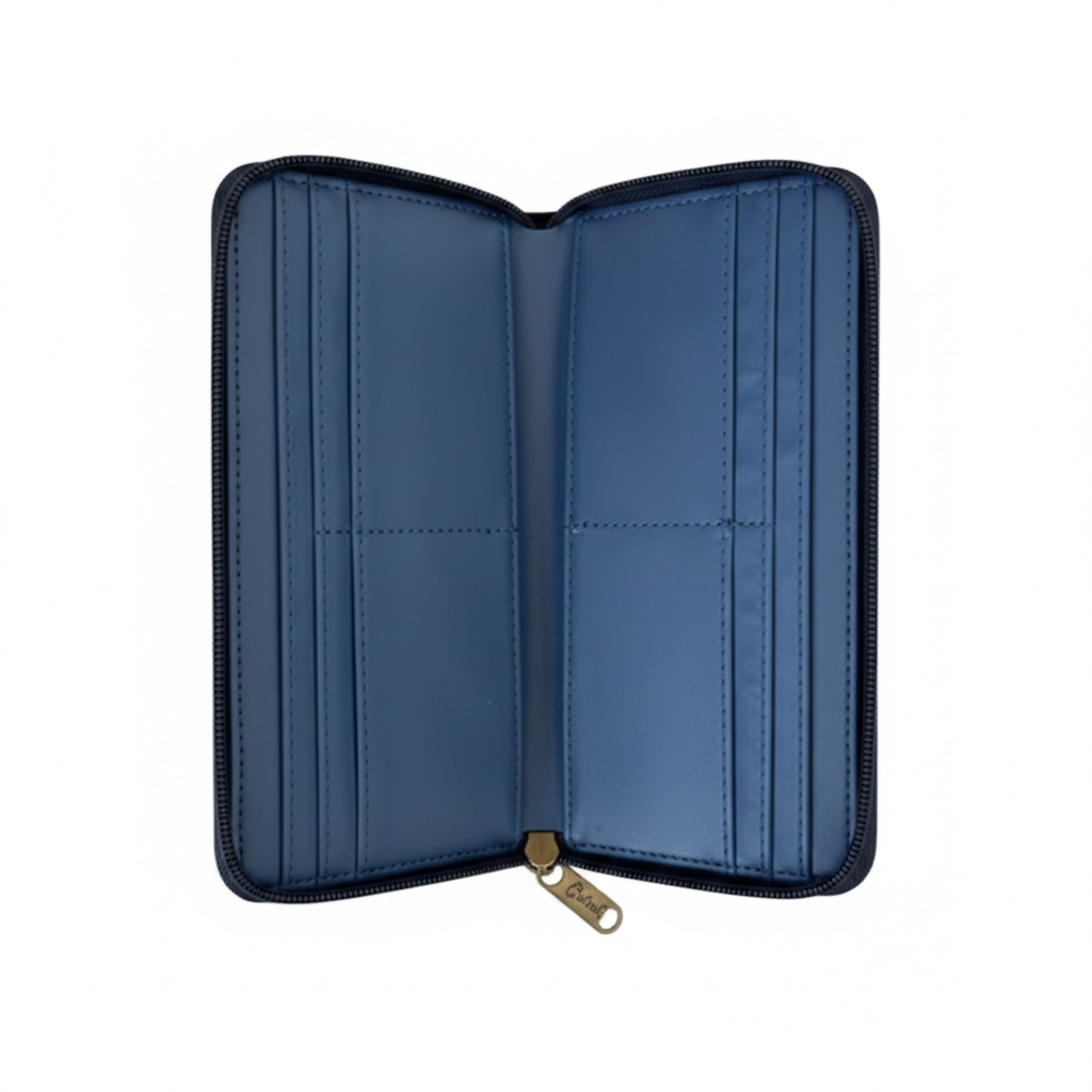 Cotton Road Wallet: Large BLUE PU Leather with PROTEA Design OPEN CARD POCKETS VIEW