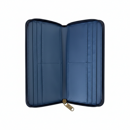 Cotton Road Wallet: Large BLUE PU Leather with PROTEA Design OPEN CARD POCKETS VIEW