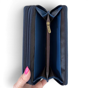 Cotton Road Wallet: Large BLUE PU Leather with PROTEA Design OPEN COIN POCKET VIEW